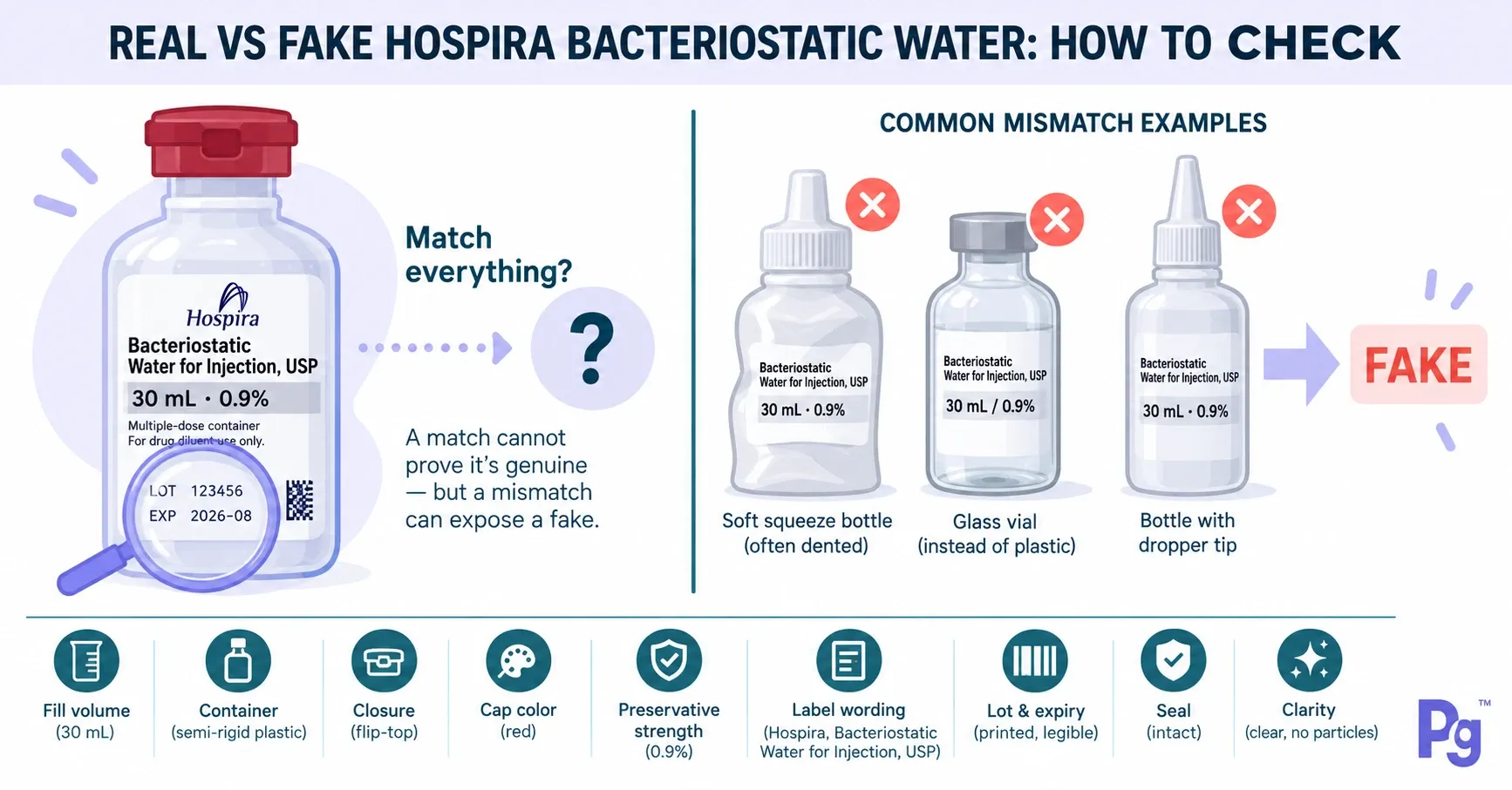 Real vs Fake Hospira Bacteriostatic Water: The Genuine 30 mL Vial Is Semi-Rigid Plastic With a Garnet Cap
