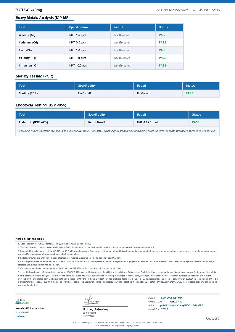 Certificate of analysis for MOTS-c from Humatide, issued by ILS Laboratories