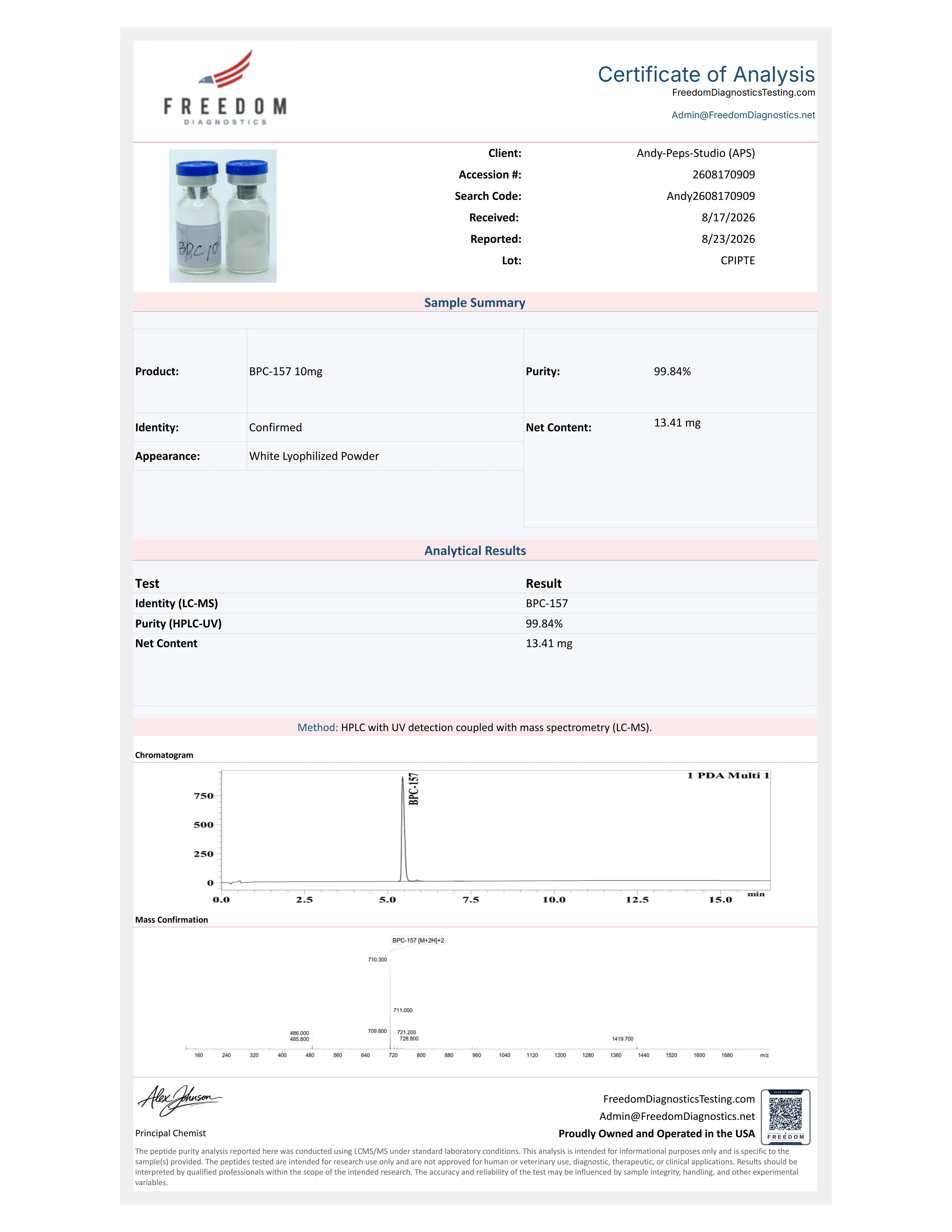 Certificate of analysis for BPC-157 from Andy Peps Studio (APS) Peptides, issued by freedomdiagnosticstesting.com — Purity (HPLC)