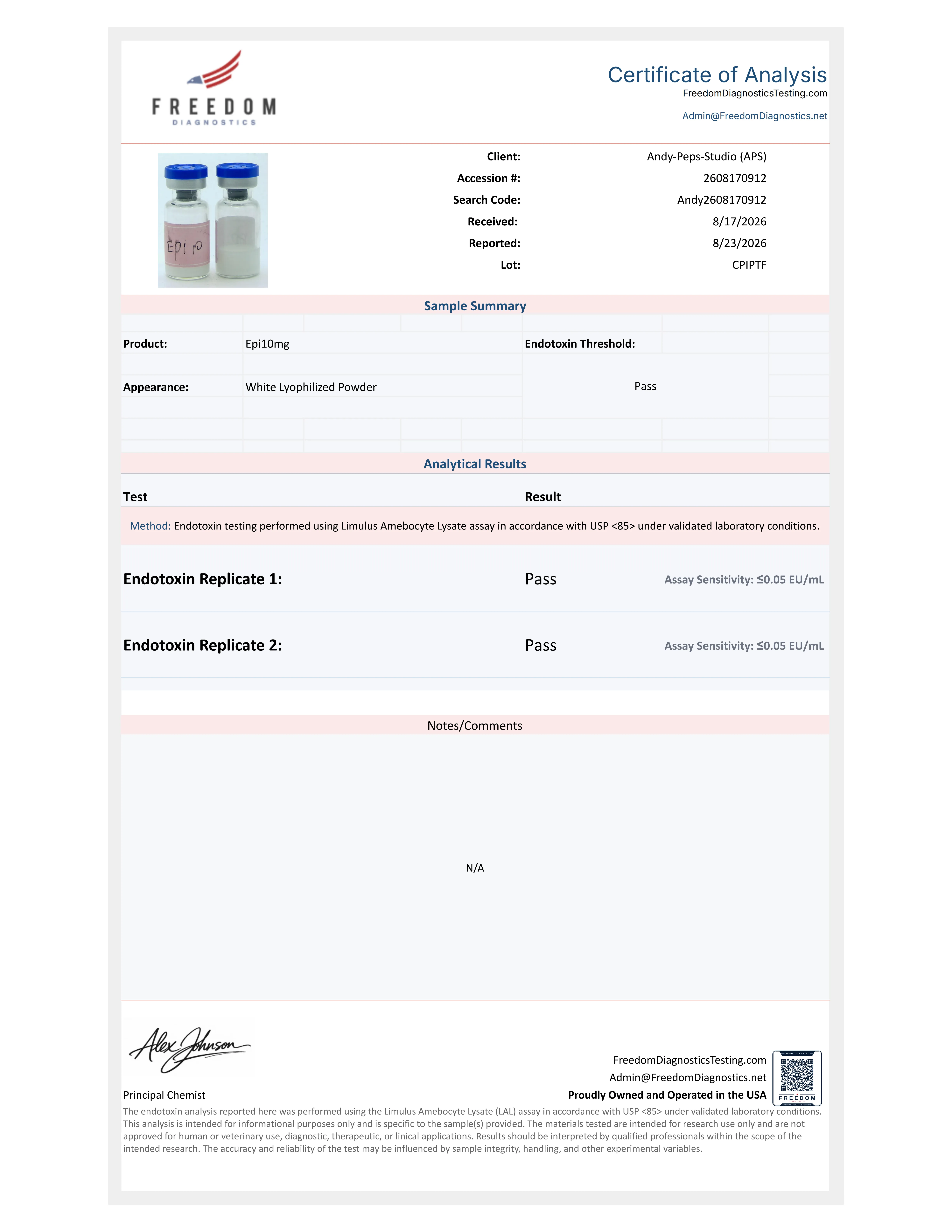 Certificate of analysis for EPITHALON from Andy Peps Studio (APS) Peptides, issued by freedomdiagnosticstesting.com — Purity (HPLC)