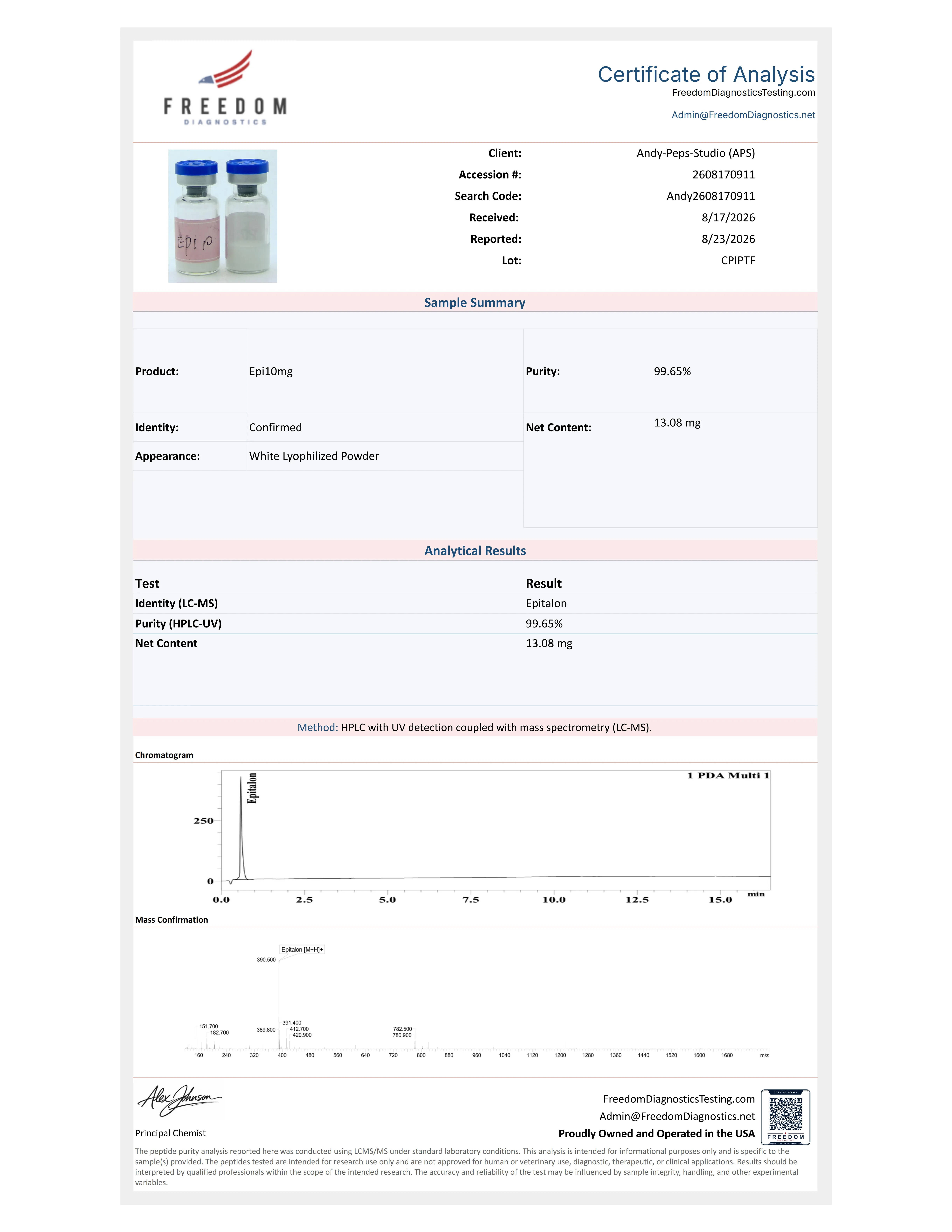 Certificate of analysis for EPITHALON from Andy Peps Studio (APS) Peptides, issued by freedomdiagnosticstesting.com — Endotoxins (LAL)