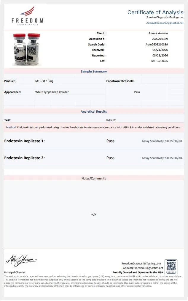 Certificate of analysis for SS-31 (Elamipretide) from auroraaminos.com, issued by freedomdiagnosticstesting.com — Endotoxins (LAL)