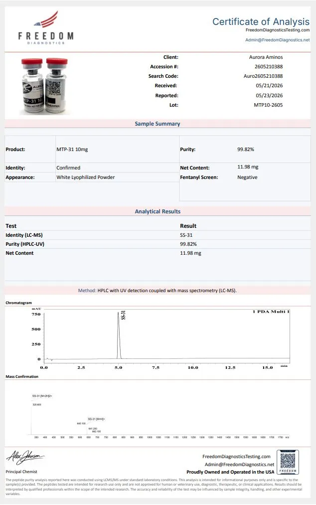Certificate of analysis for SS-31 (Elamipretide) from auroraaminos.com, issued by freedomdiagnosticstesting.com — Purity (HPLC)