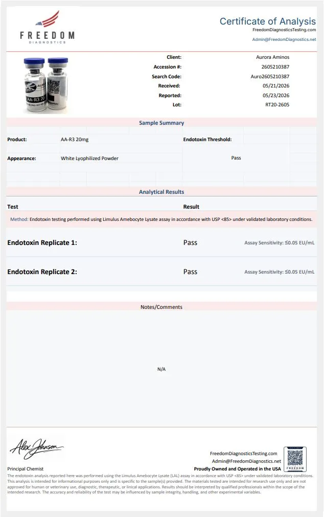 Certificate of analysis for Retatrutide, issued by freedomdiagnosticstesting.com — Endotoxins (LAL)