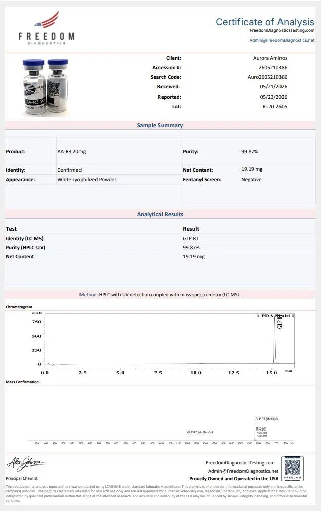 Certificate of analysis for Retatrutide, issued by freedomdiagnosticstesting.com — Purity (HPLC)