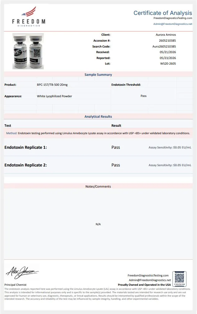 Certificate of analysis for Aurora Aminos from auroraaminos.com, issued by freedomdiagnosticstesting.com — Endotoxins (LAL)