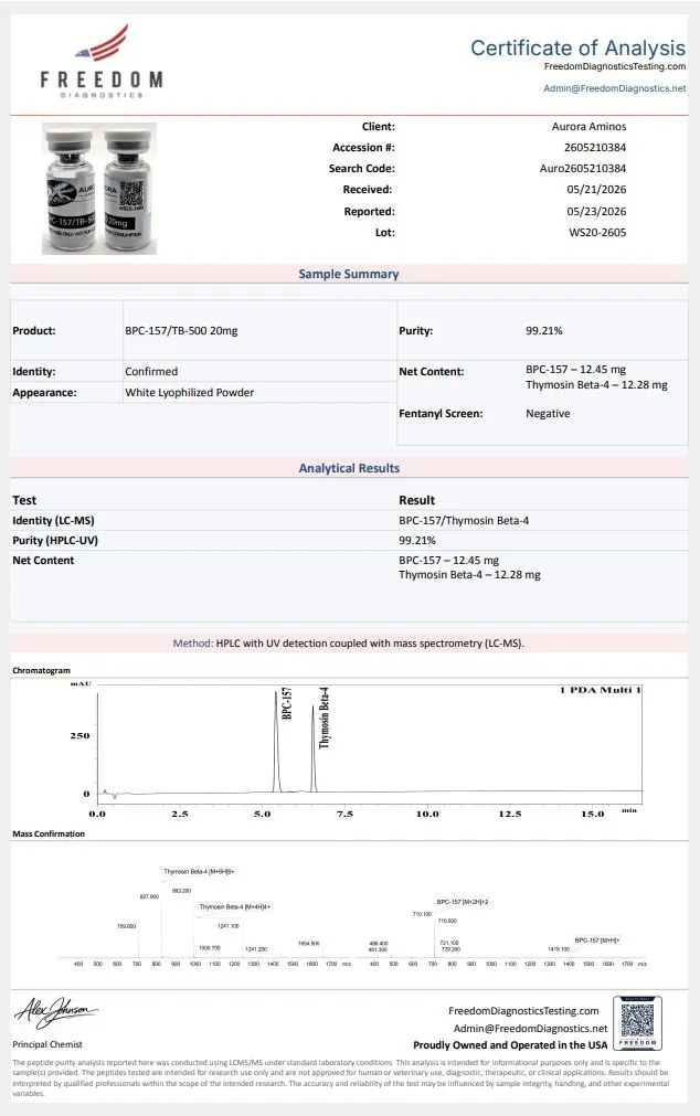 Certificate of analysis for Aurora Aminos from auroraaminos.com, issued by freedomdiagnosticstesting.com — Purity (HPLC)