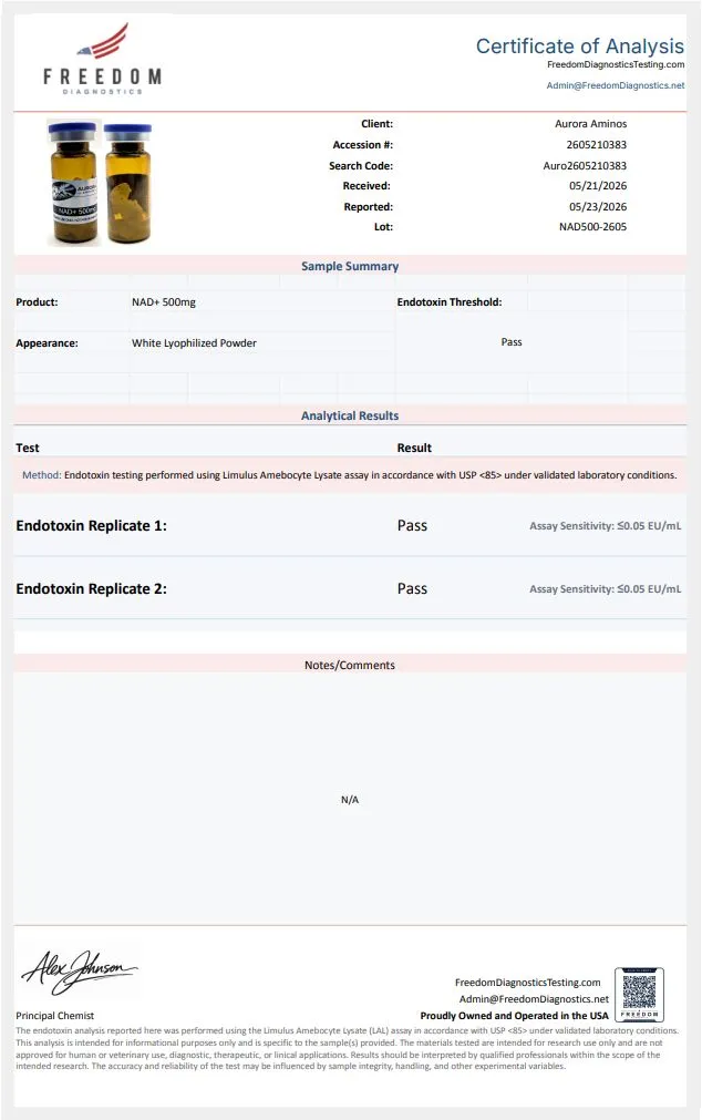 Certificate of analysis for NAD+ from auroraaminos.com, issued by freedomdiagnosticstesting.com — Endotoxins (LAL)