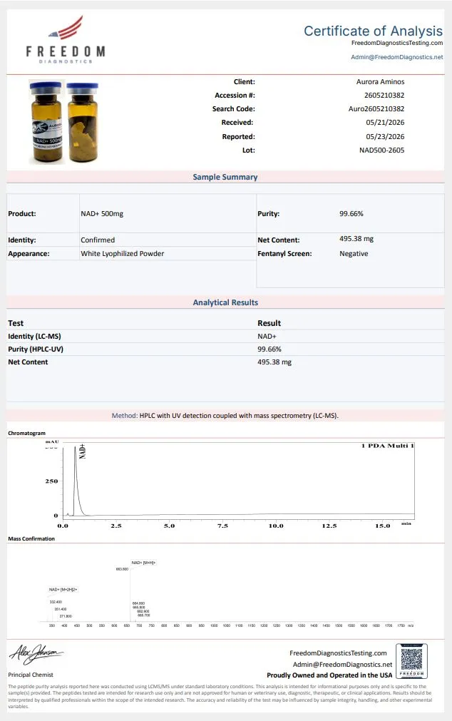 Certificate of analysis for NAD+ from auroraaminos.com, issued by freedomdiagnosticstesting.com — Purity (HPLC)