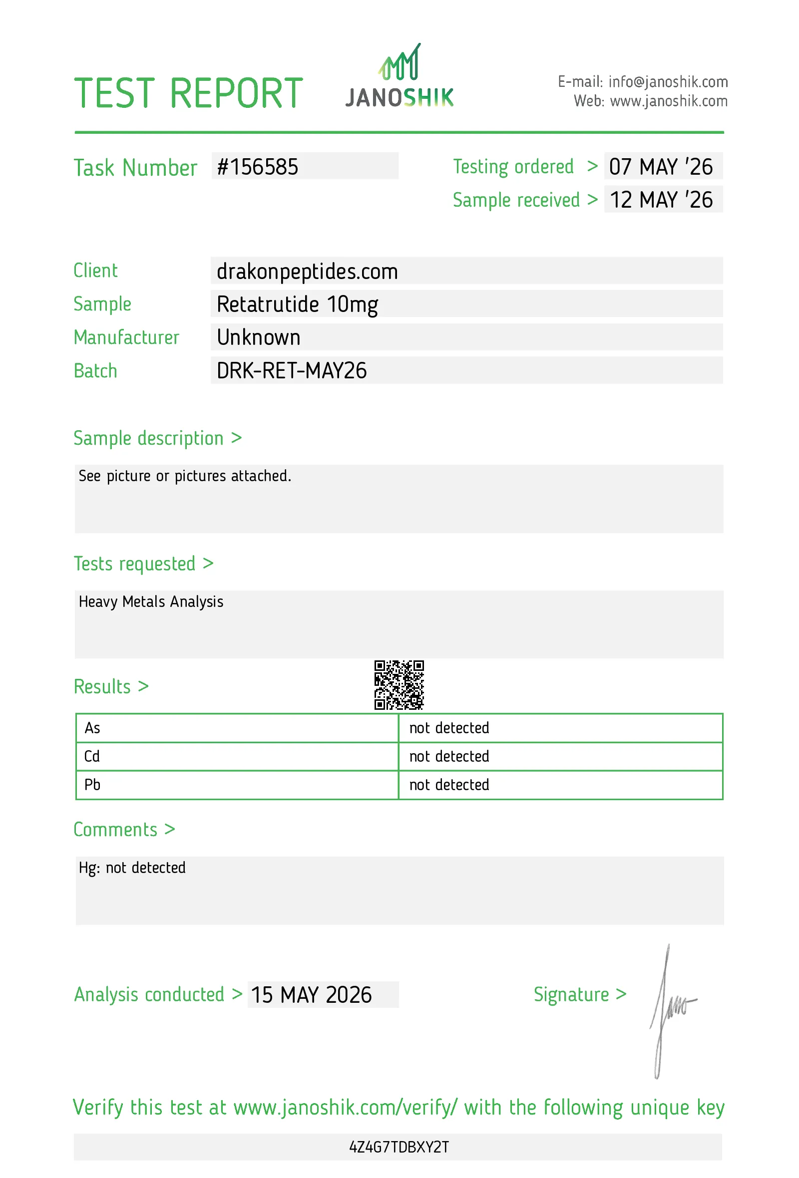 Certificate of analysis for Retatrutide, issued by Janoshik Labs — Heavy metals