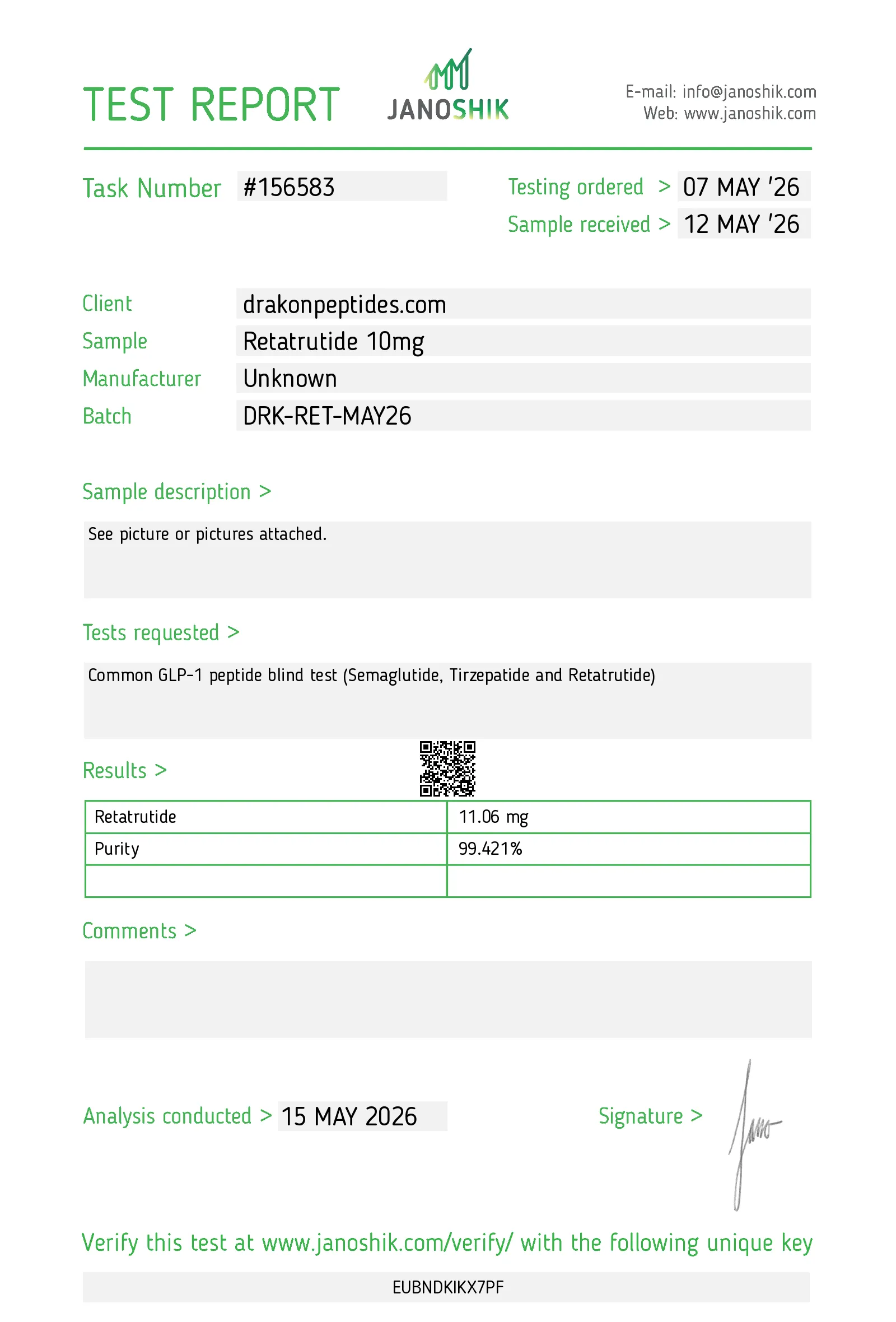 Certificate of analysis for Retatrutide, issued by Janoshik Labs — Purity (HPLC)