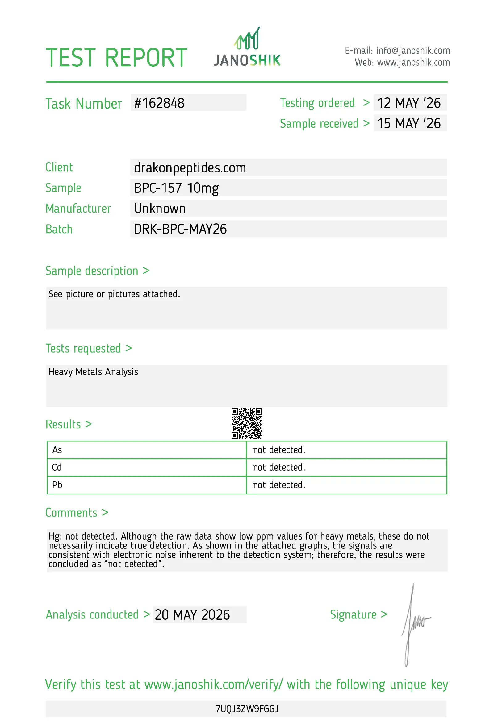 Certificate of analysis for BPC-157 from drakonpeptides.com, issued by Janoshik Labs — Heavy metals