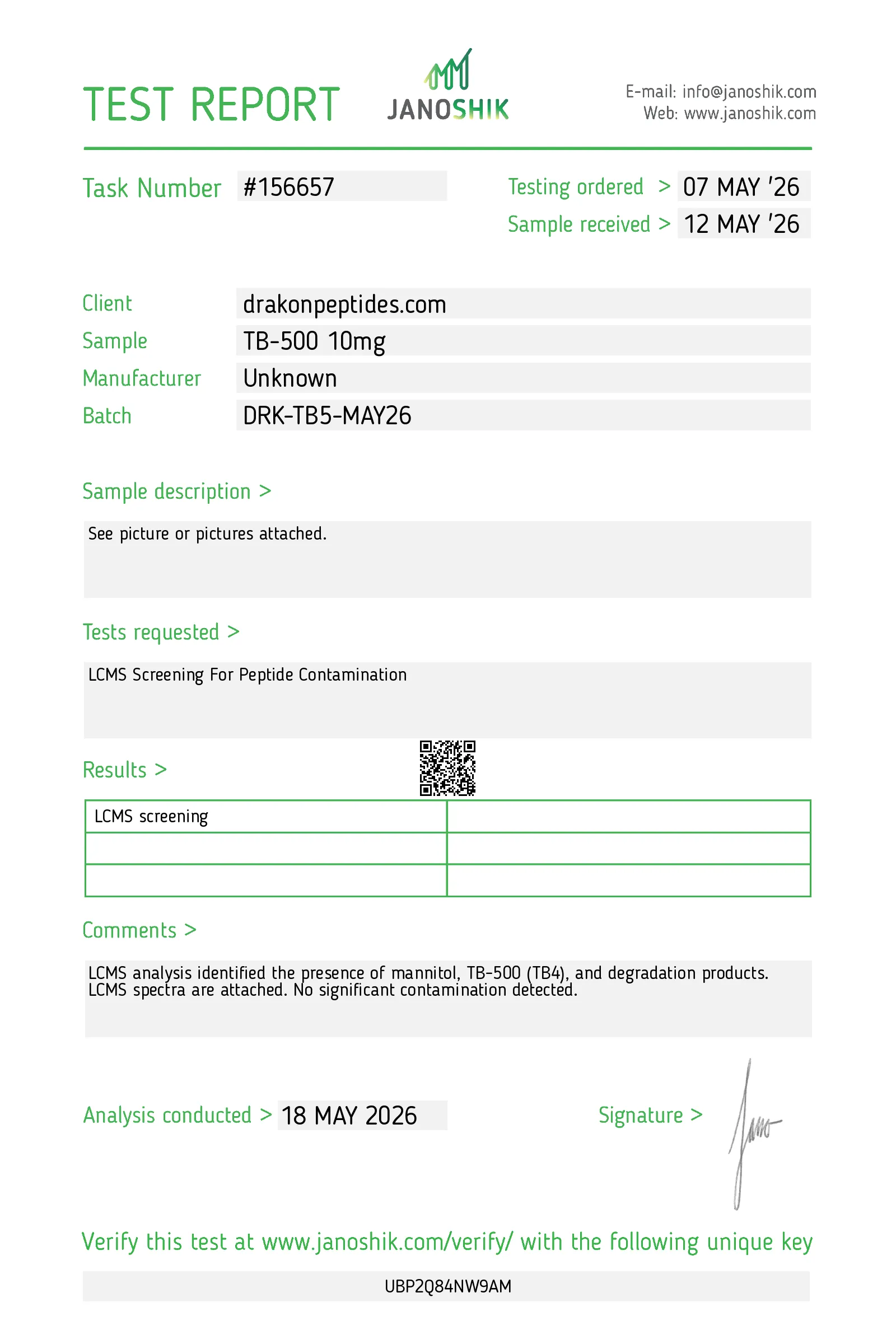Certificate of analysis for TB-500 from drakonpeptides.com, issued by Janoshik Labs — Identity (MS)