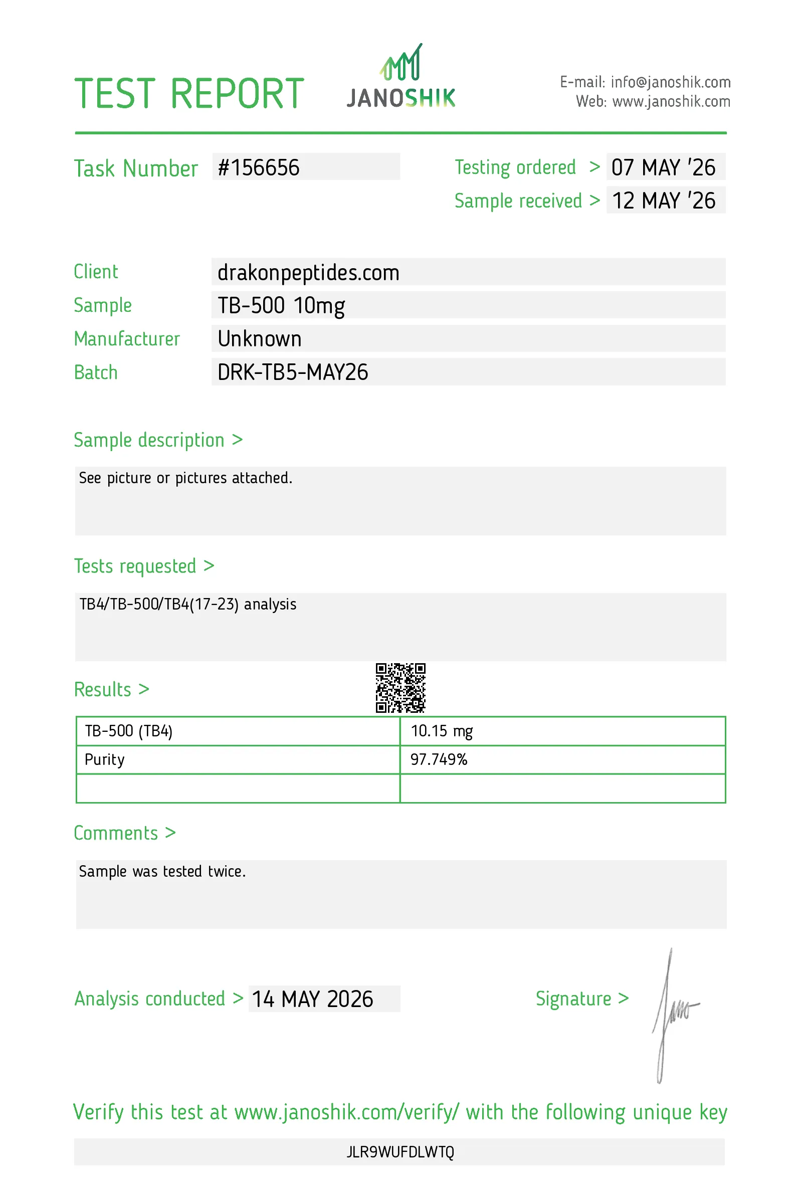Certificate of analysis for TB-500 from drakonpeptides.com, issued by Janoshik Labs — Purity (HPLC)