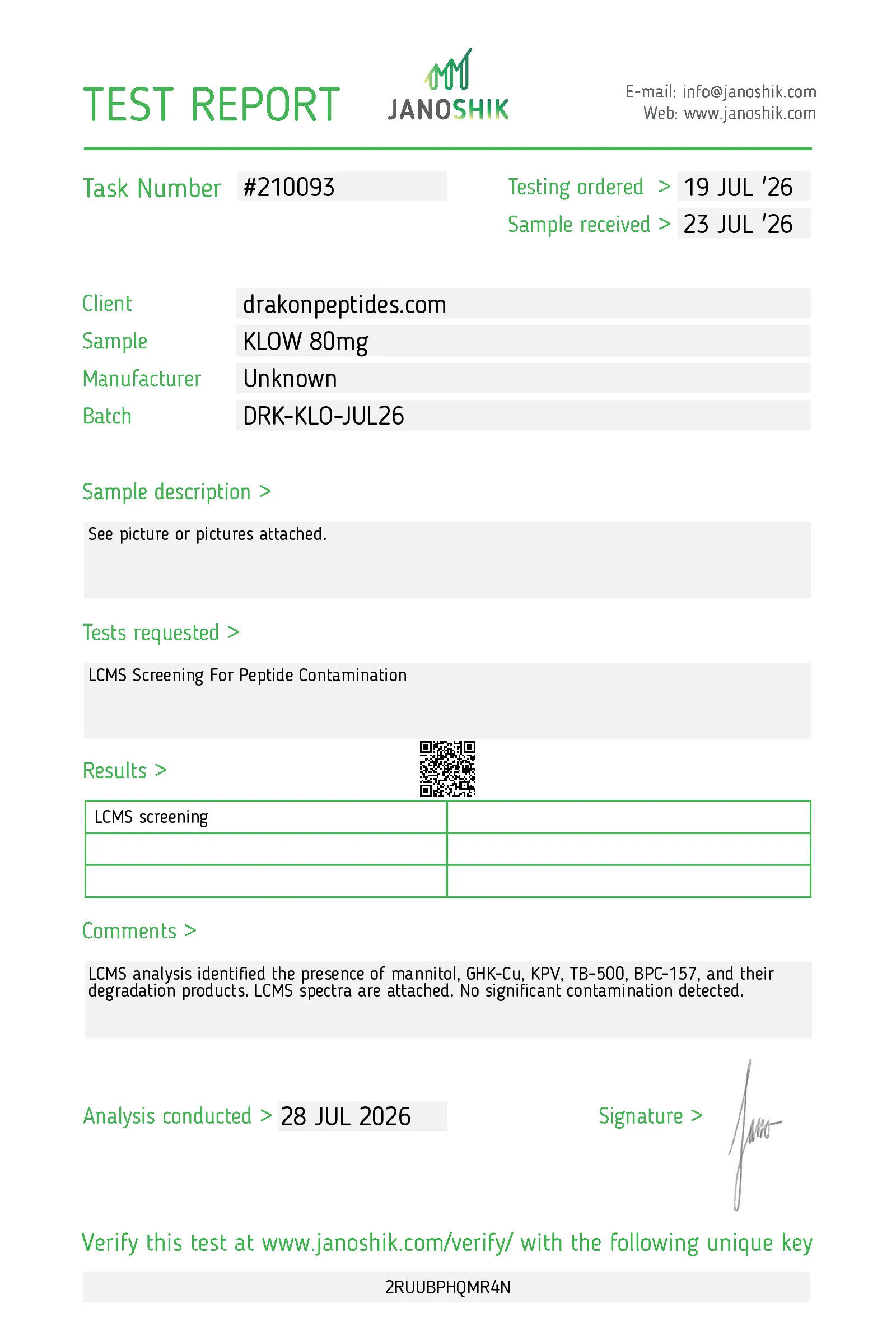 Certificate of analysis for drakonpeptides.com from drakonpeptides.com, issued by Janoshik Labs — Sterility