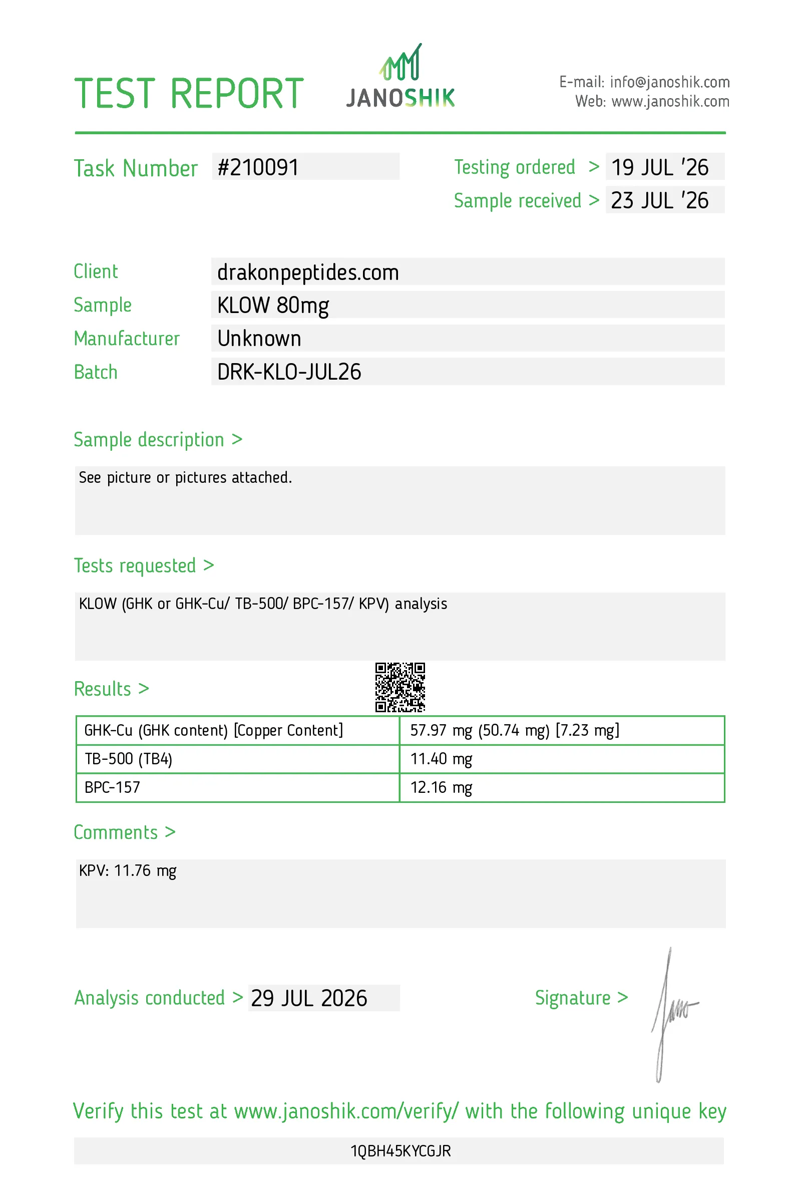 Certificate of analysis for drakonpeptides.com from drakonpeptides.com, issued by Janoshik Labs — Identity (MS)