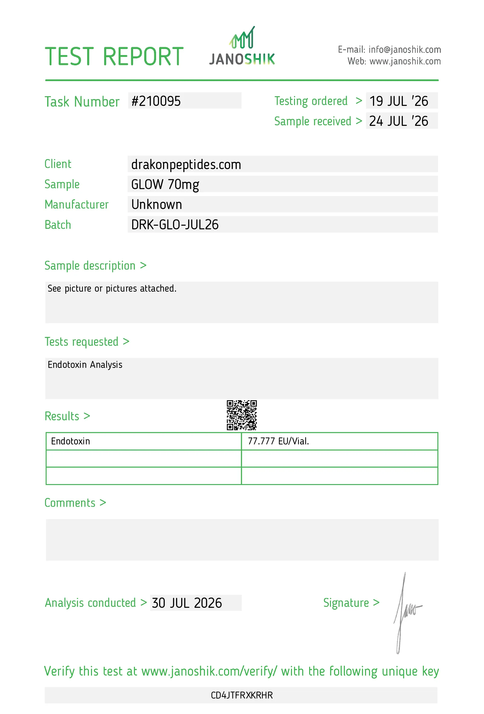 Certificate of analysis for Unnamed sample from drakonpeptides.com, issued by Janoshik Labs — Endotoxins (LAL)