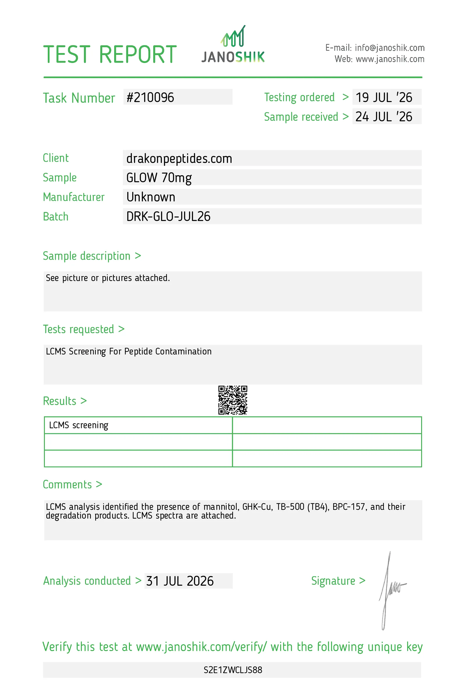 Certificate of analysis for Unnamed sample from drakonpeptides.com, issued by Janoshik Labs — Sterility