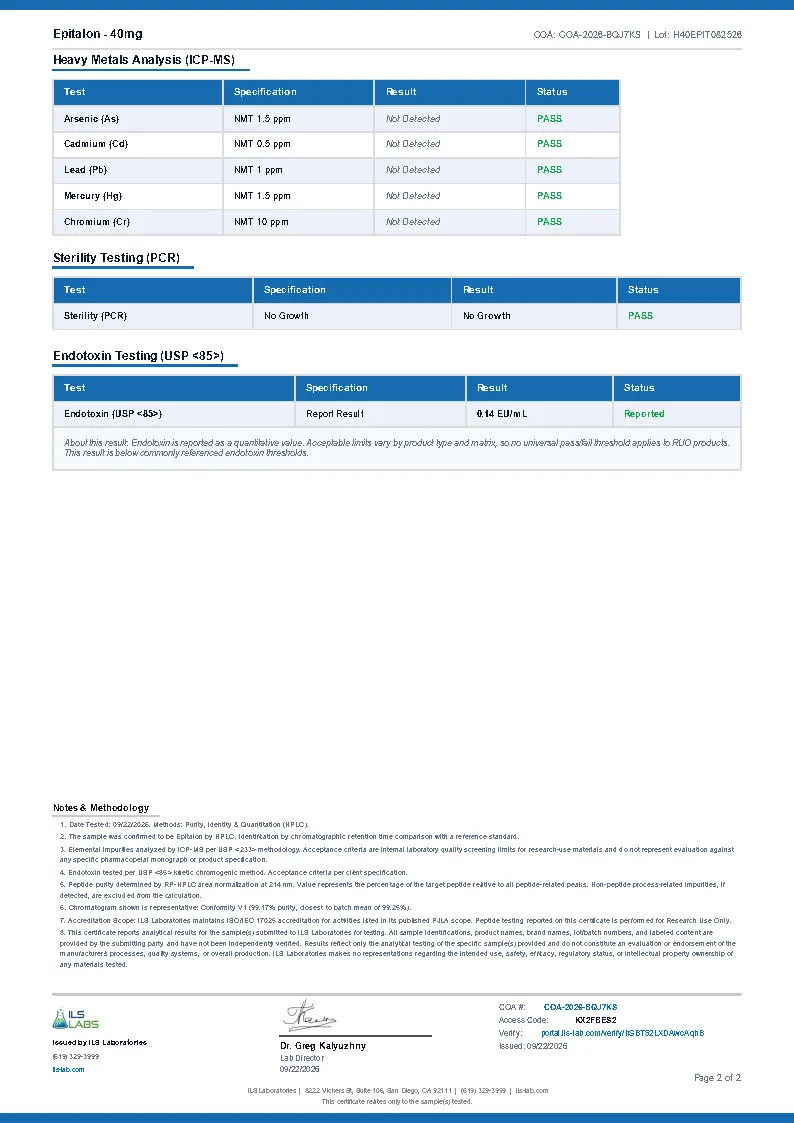 Certificate of analysis for EPITHALON from Humatide Peptides, issued by ILS Laboratories — Vial photo