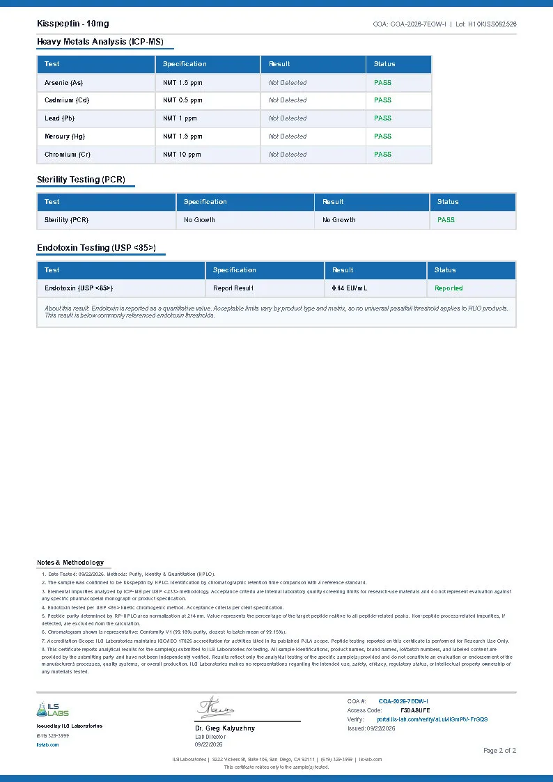 Certificate of analysis for Kisspeptin from Humatide Peptides, issued by ILS Laboratories — Vial photo