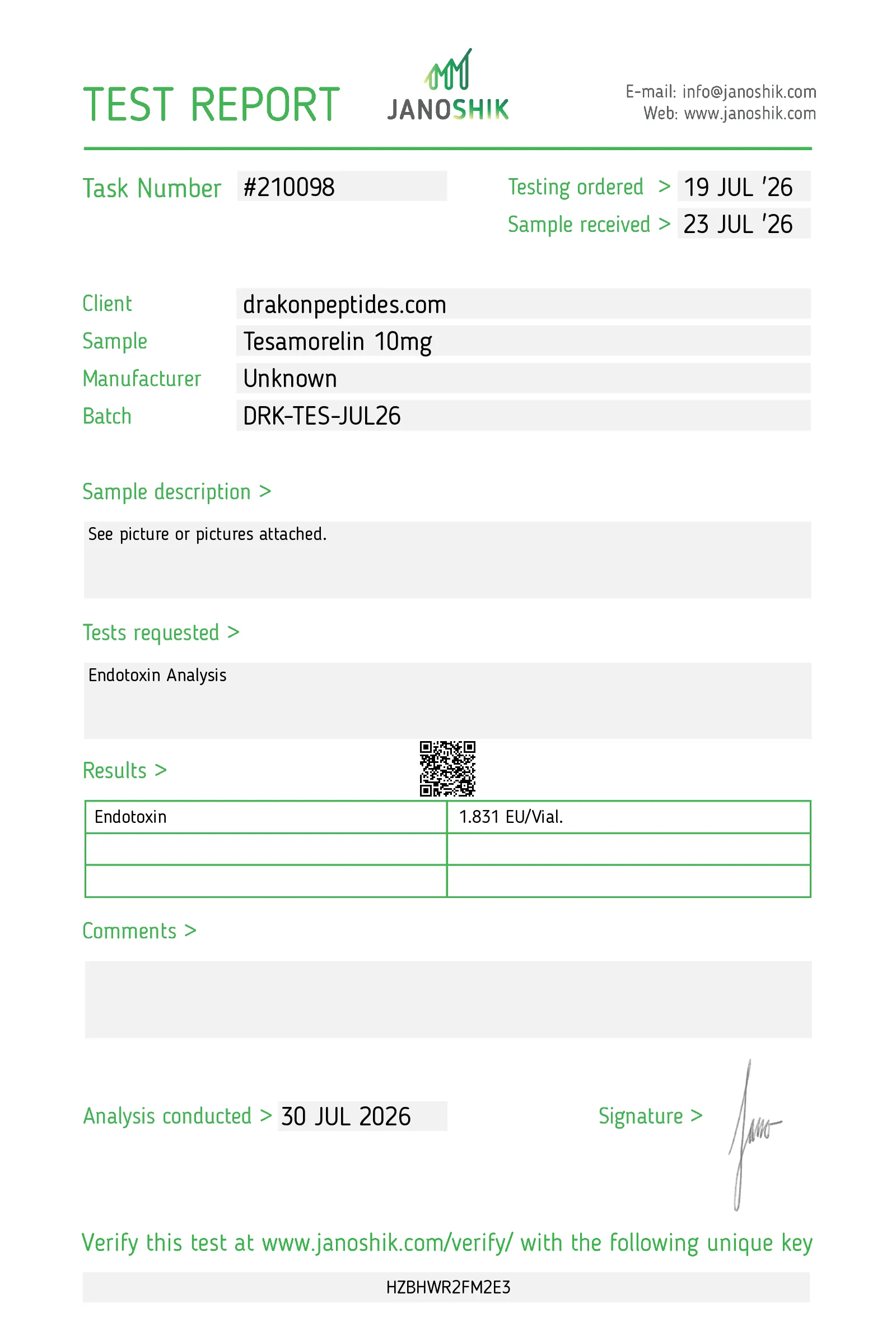Certificate of analysis for Tesamorelin from drakonpeptides.com, issued by Janoshik Labs — Endotoxins (LAL)