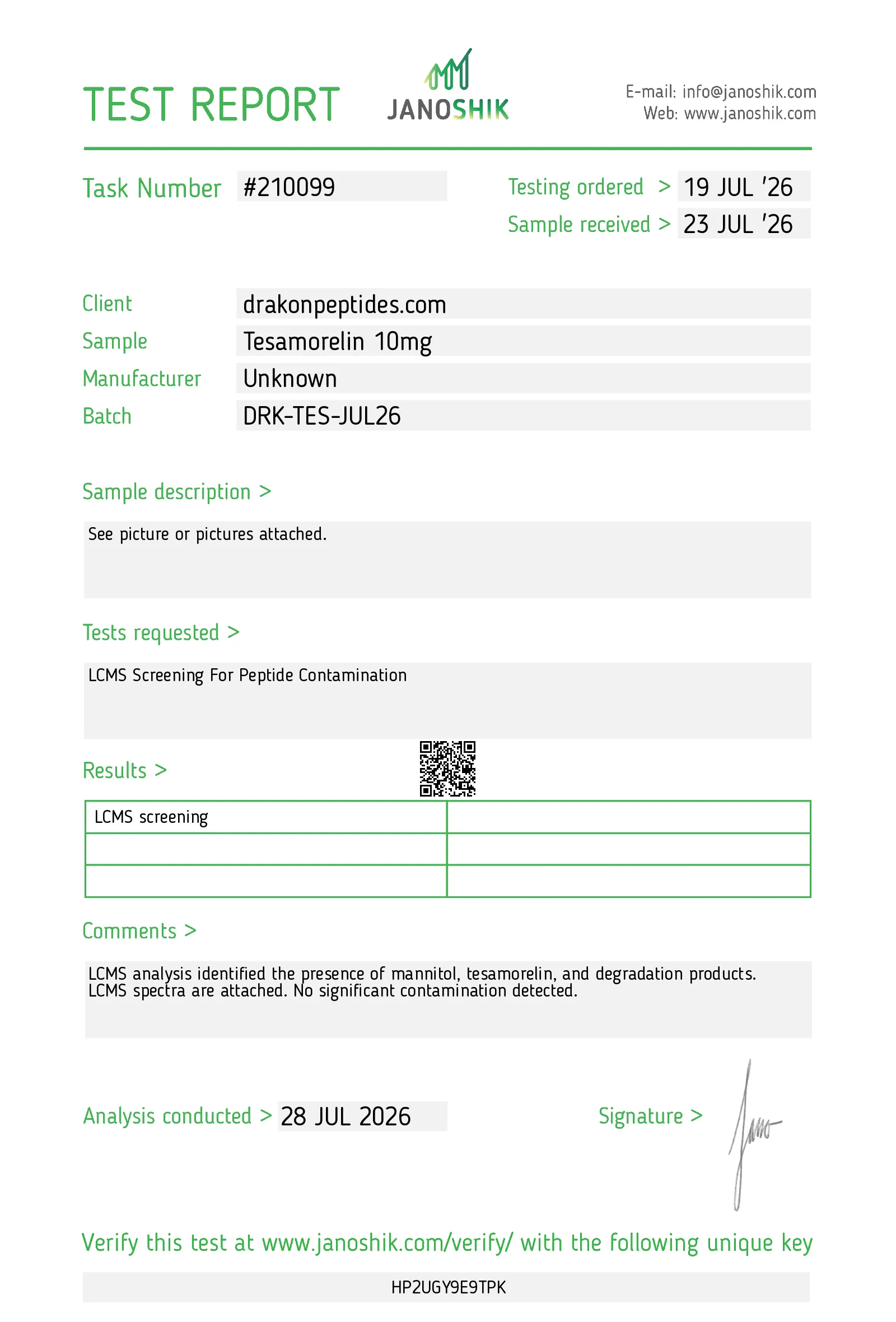 Certificate of analysis for Tesamorelin from drakonpeptides.com, issued by Janoshik Labs — Identity (MS)