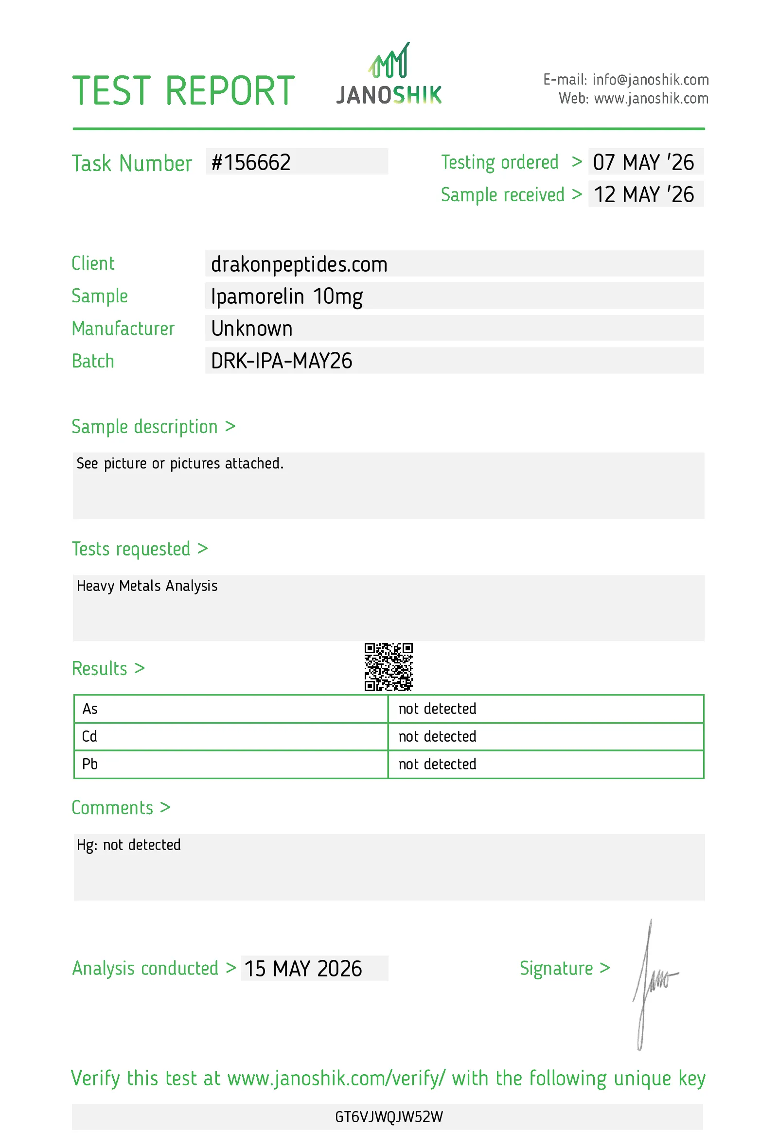 Certificate of analysis for Ipamorelin from drakonpeptides.com, issued by Janoshik Labs — Heavy metals
