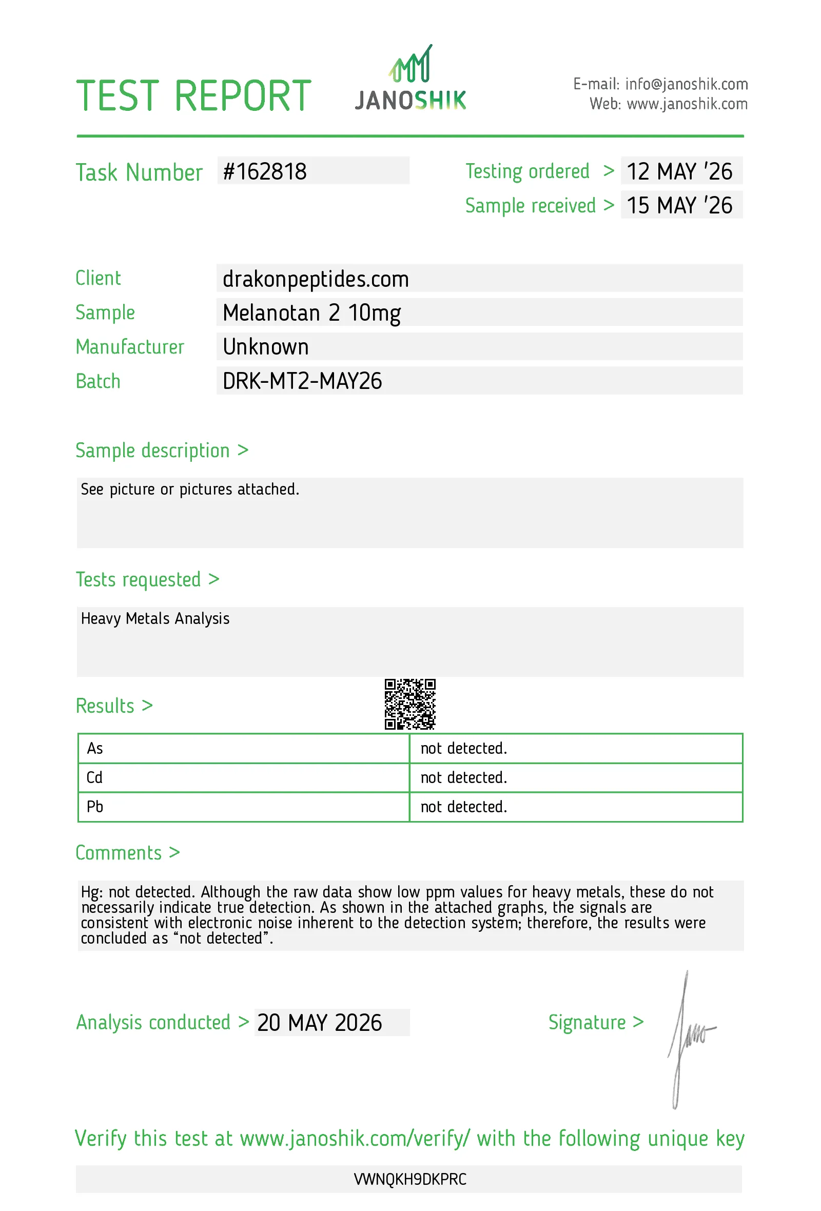 Certificate of analysis for Melanotan II (MT-2) from drakonpeptides.com, issued by Janoshik Labs — Heavy metals