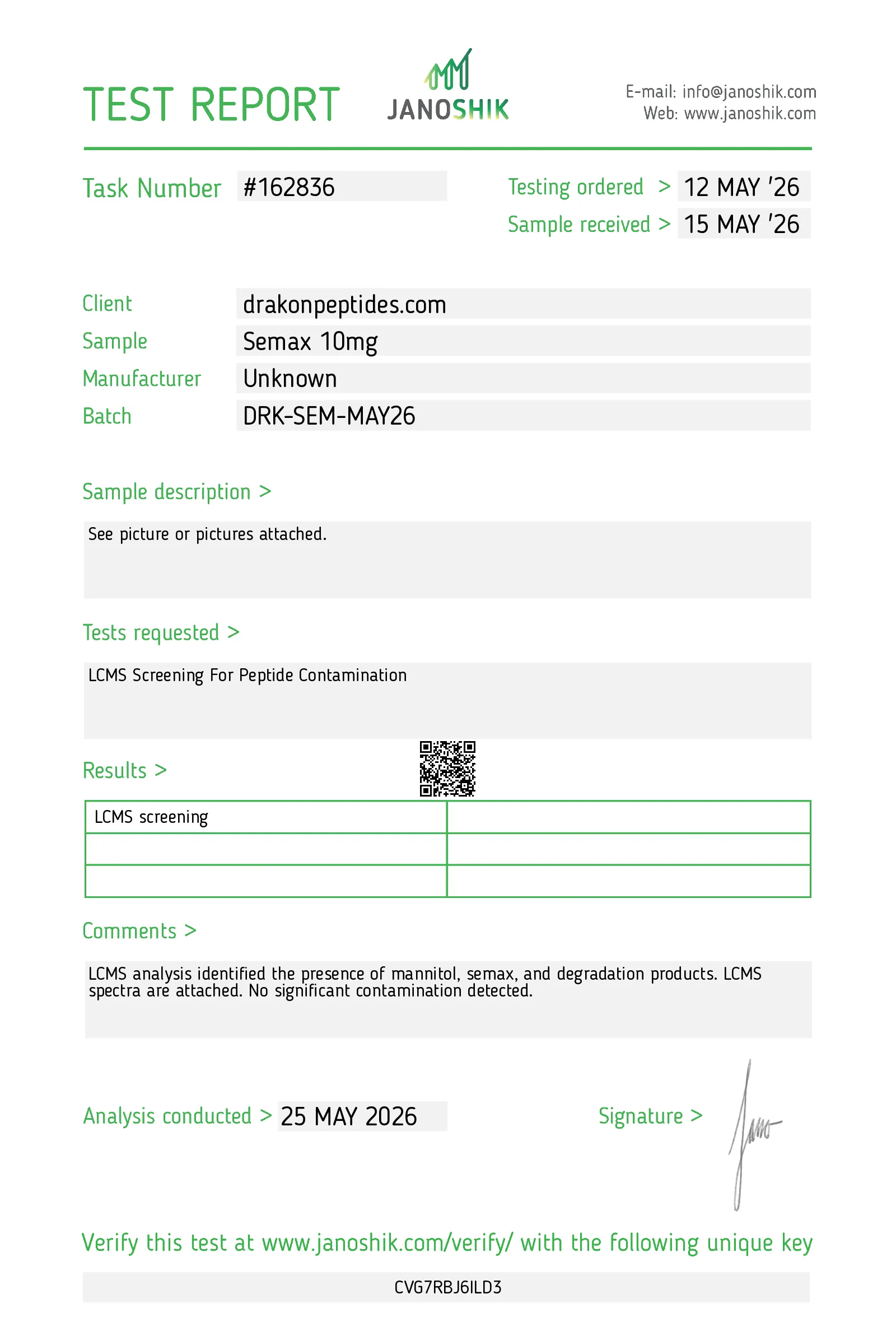 Certificate of analysis for SEMAX from drakonpeptides.com, issued by Janoshik Labs — Identity (MS)