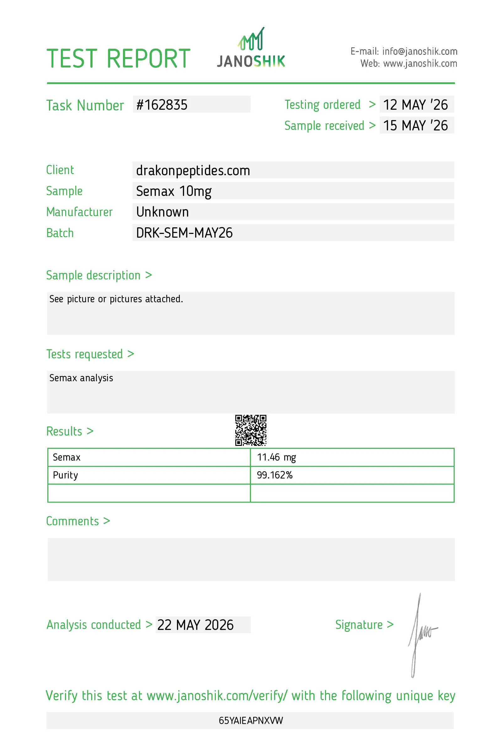 Certificate of analysis for SEMAX from drakonpeptides.com, issued by Janoshik Labs — Purity (HPLC)