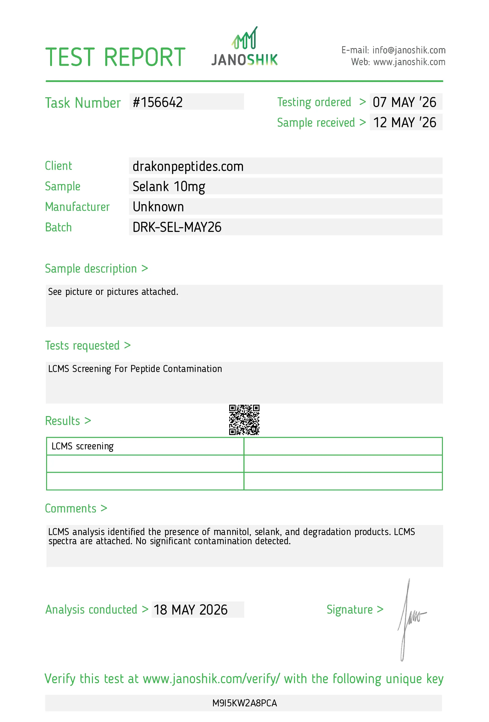 Certificate of analysis for SELANK from drakonpeptides.com, issued by Janoshik Labs — Identity (MS)