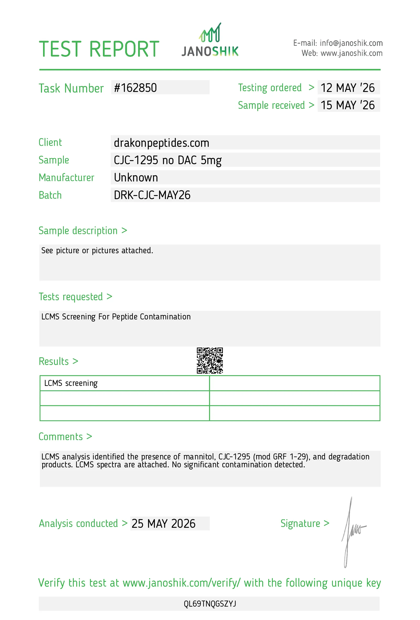 Certificate of analysis for CJC-1295 without DAC from drakonpeptides.com, issued by Janoshik Labs — Identity (MS)