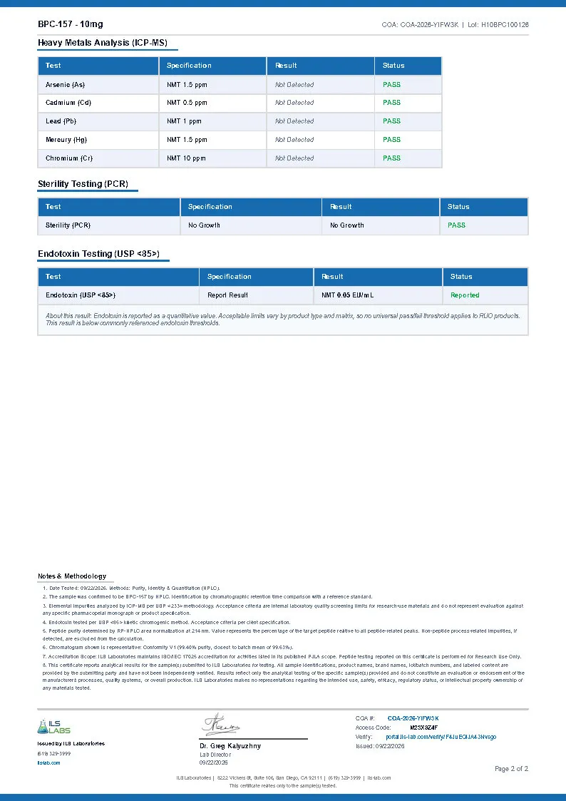 Certificate of analysis for BPC-157 from Humatide Peptides, issued by ILS Laboratories — Endotoxins (LAL)