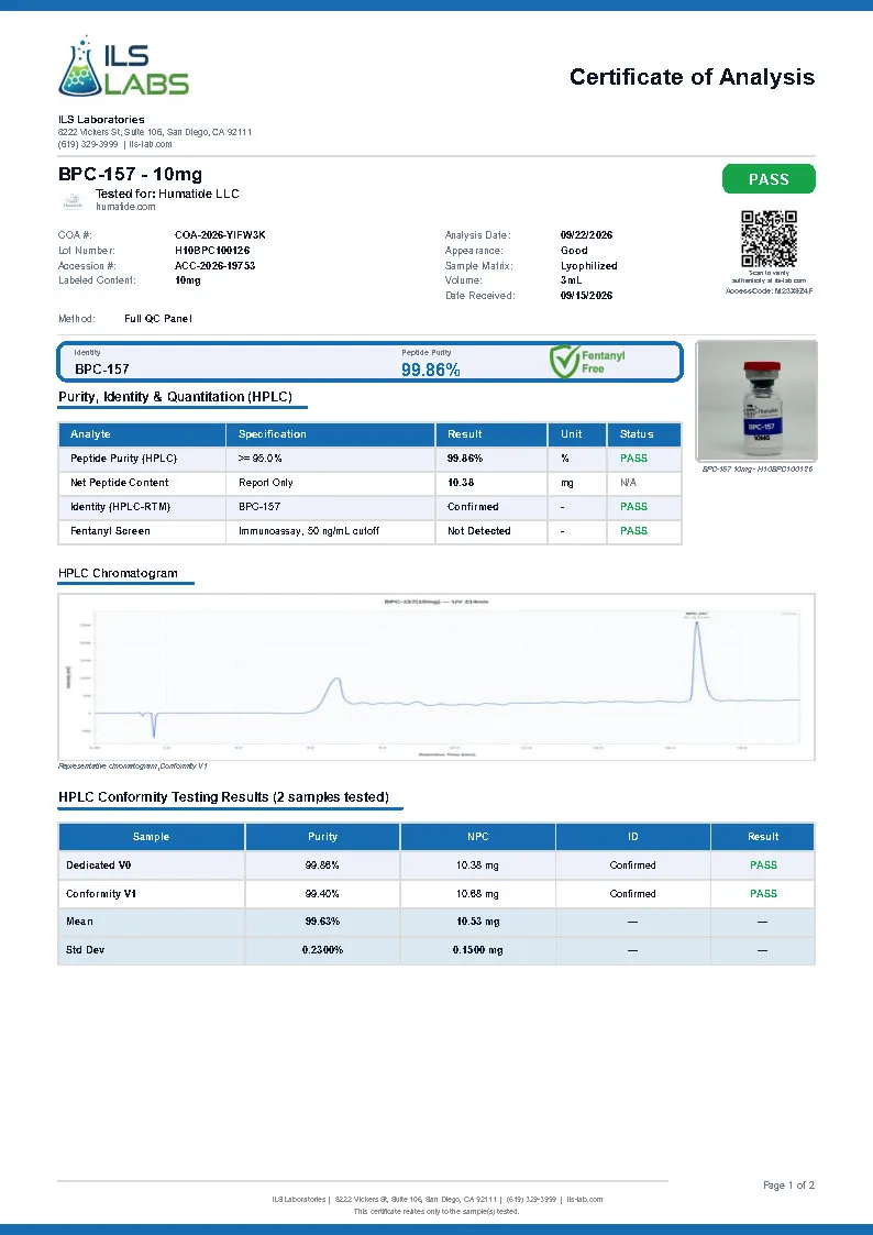 Certificate of analysis for BPC-157 from Humatide Peptides, issued by ILS Laboratories — Full report