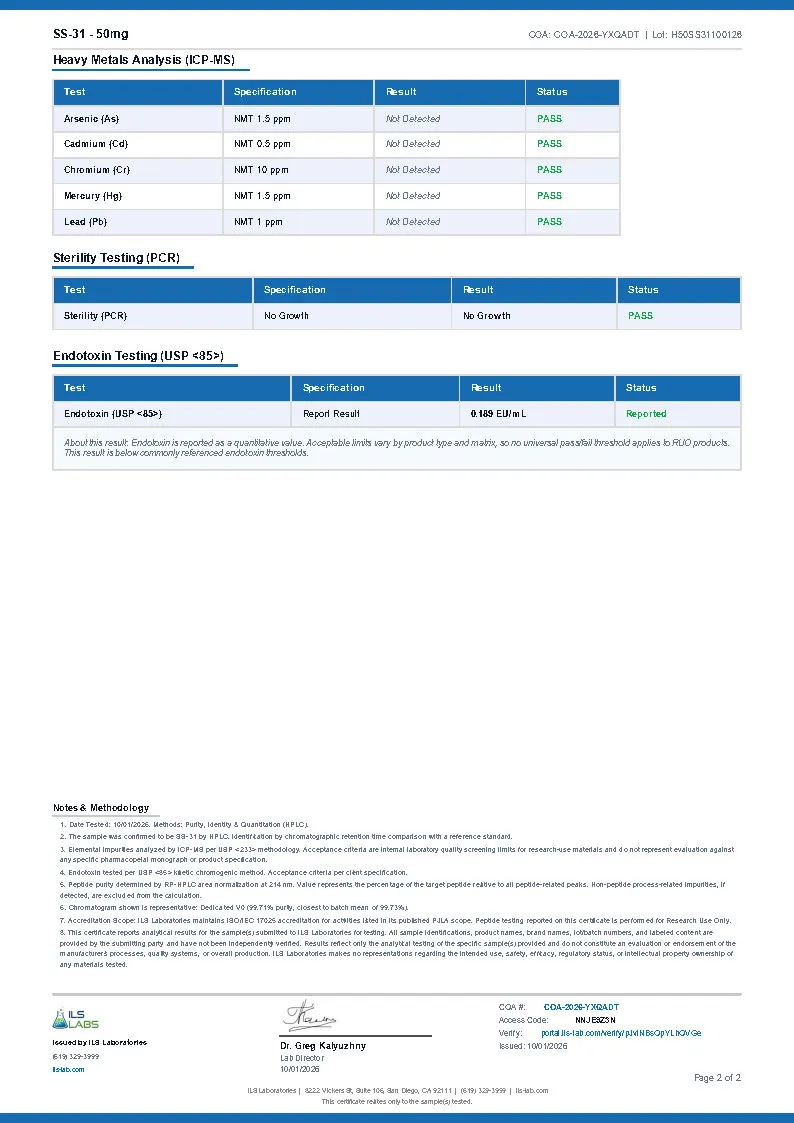 Certificate of analysis for SS-31 (Elamipretide) from Humatide Peptides, issued by ILS Laboratories — Endotoxins (LAL)