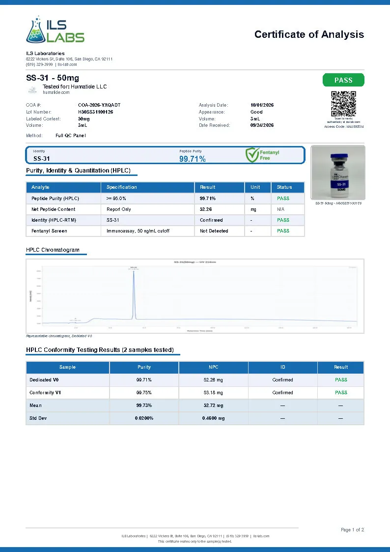 Certificate of analysis for SS-31 (Elamipretide) from Humatide Peptides, issued by ILS Laboratories — Purity (HPLC)