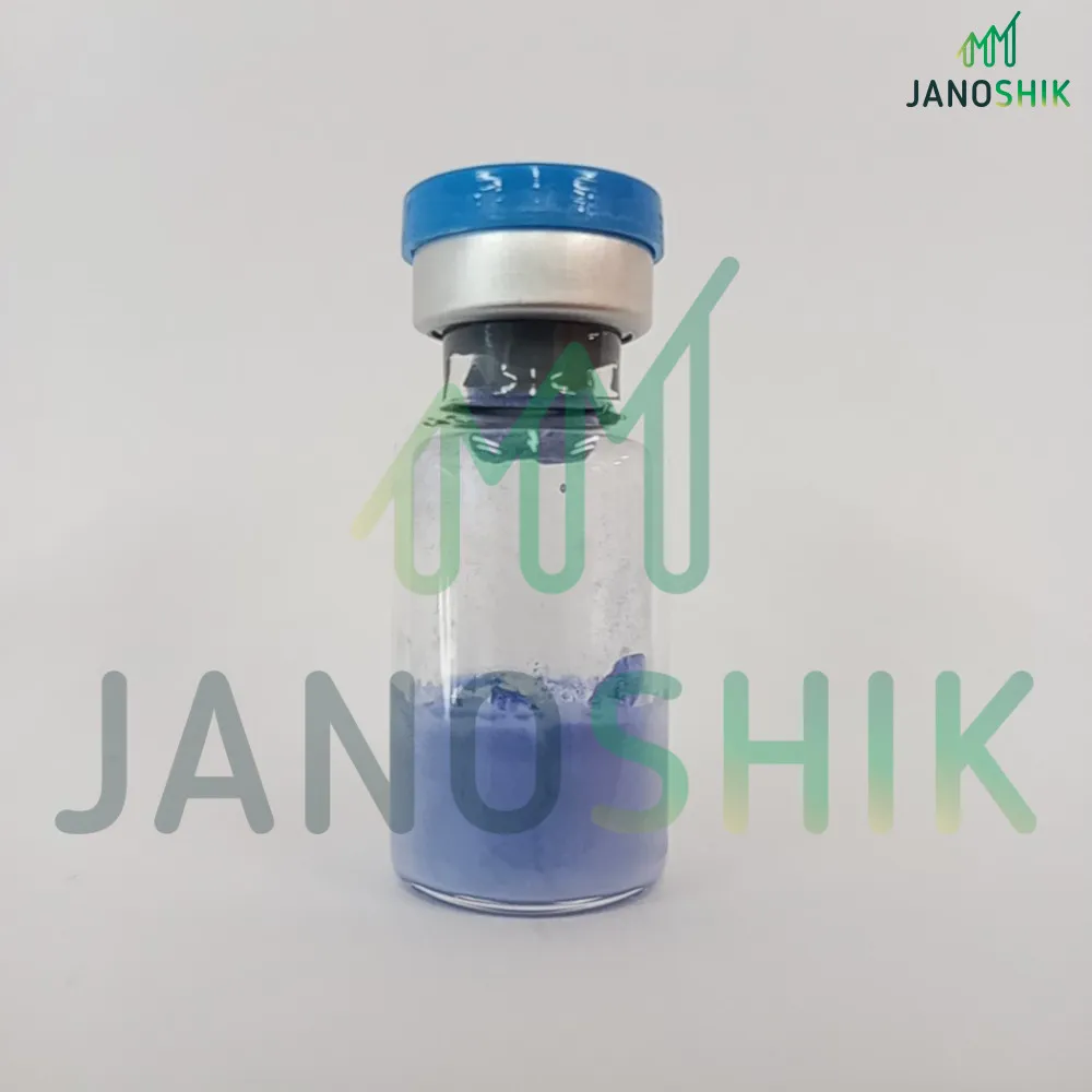 Certificate of analysis for GHK-Cu from Zhuoyue Peptide, issued by Janoshik Labs — Vial photo