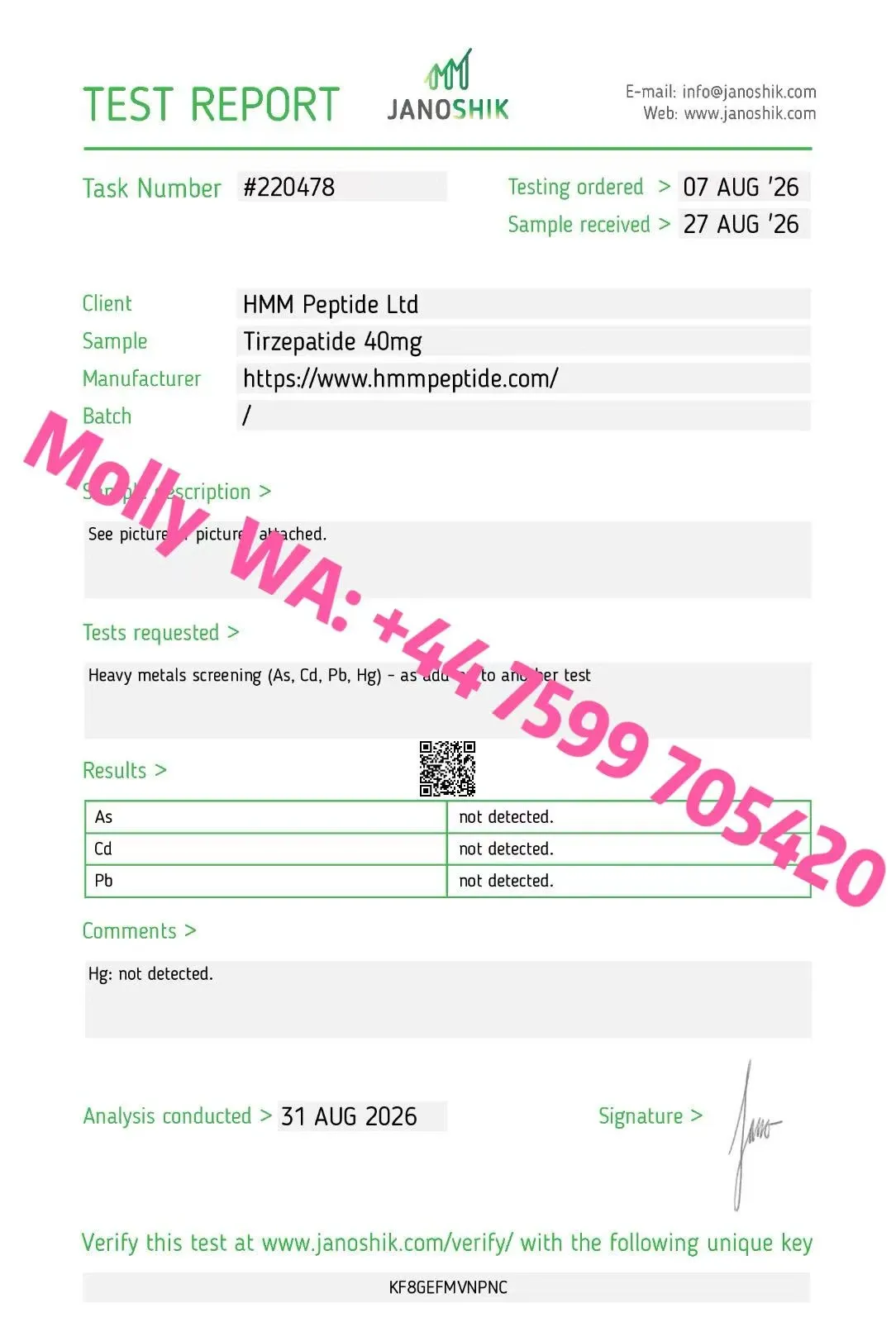 Certificate of analysis for Tirzepatide, issued by Janoshik Labs — Heavy metals