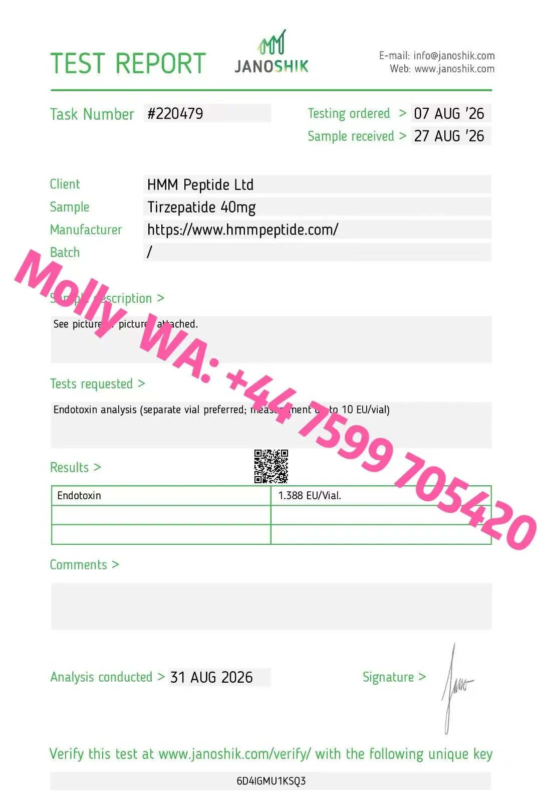 Certificate of analysis for Tirzepatide, issued by Janoshik Labs — Endotoxins (LAL)