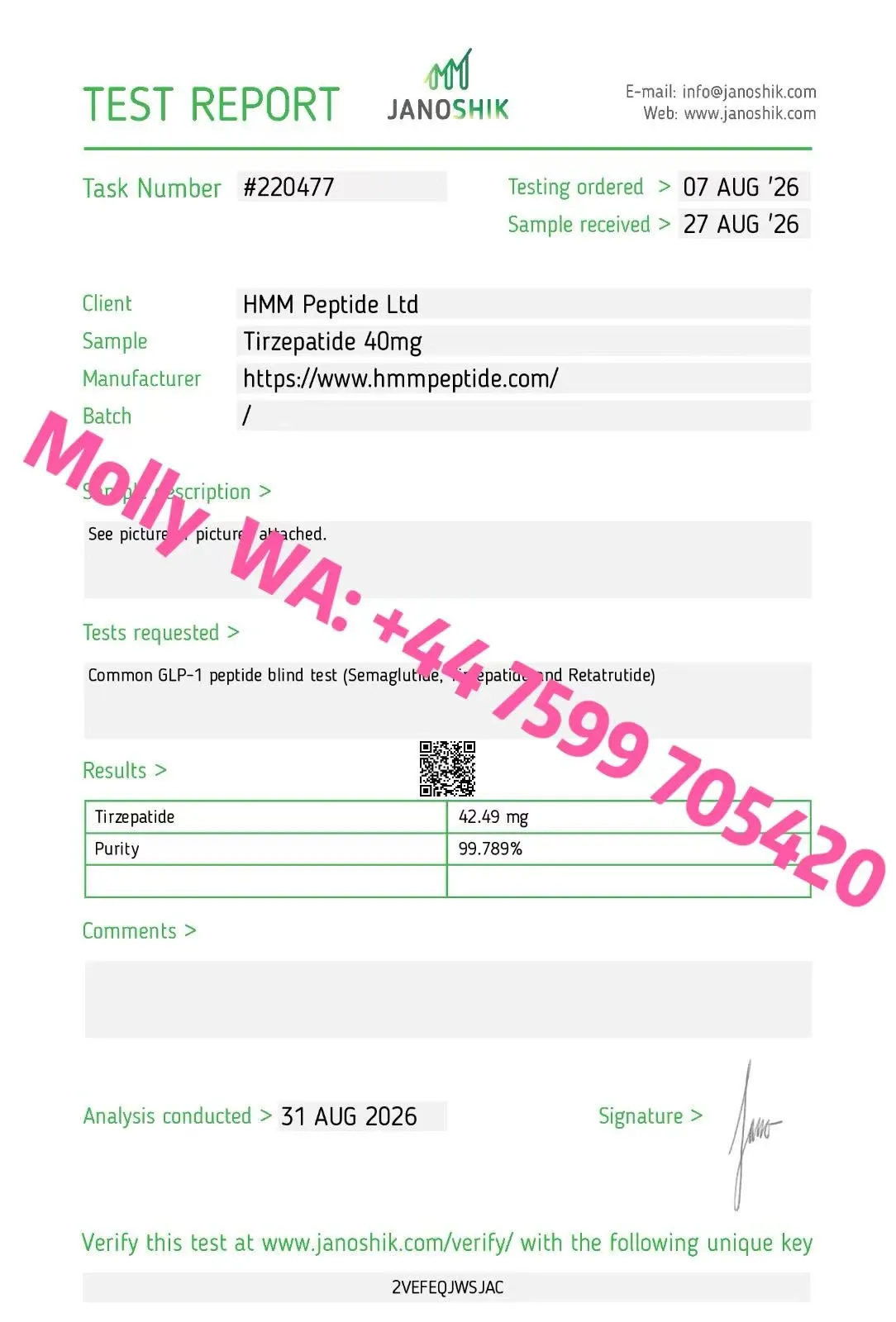 Certificate of analysis for Tirzepatide, issued by Janoshik Labs — Purity (HPLC)
