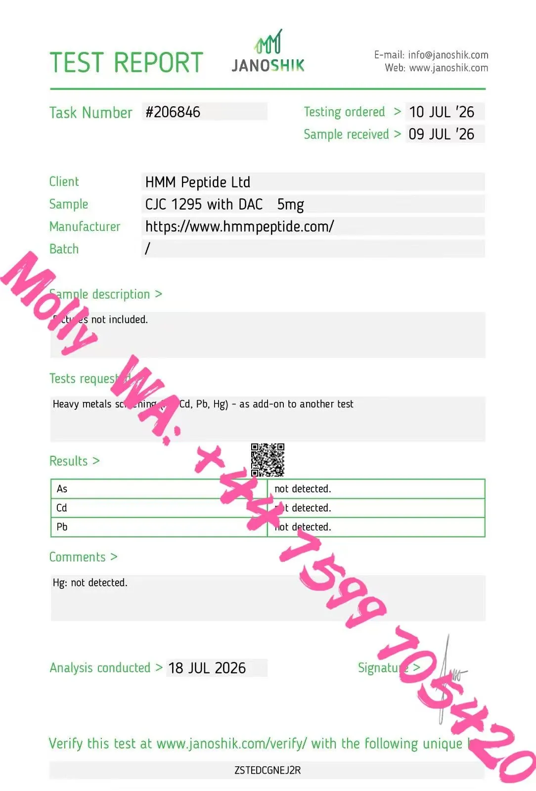 Certificate of analysis for CJC-1295 with DAC from HMM Peptide, issued by Janoshik Labs — Heavy metals