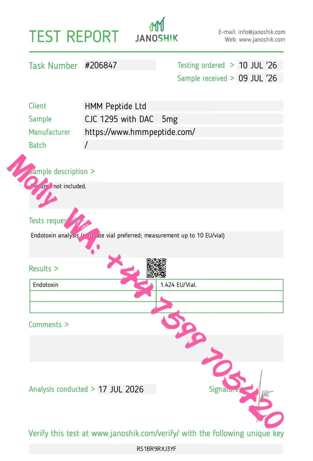 Certificate of analysis for CJC-1295 with DAC from HMM Peptide, issued by Janoshik Labs — Endotoxins (LAL)