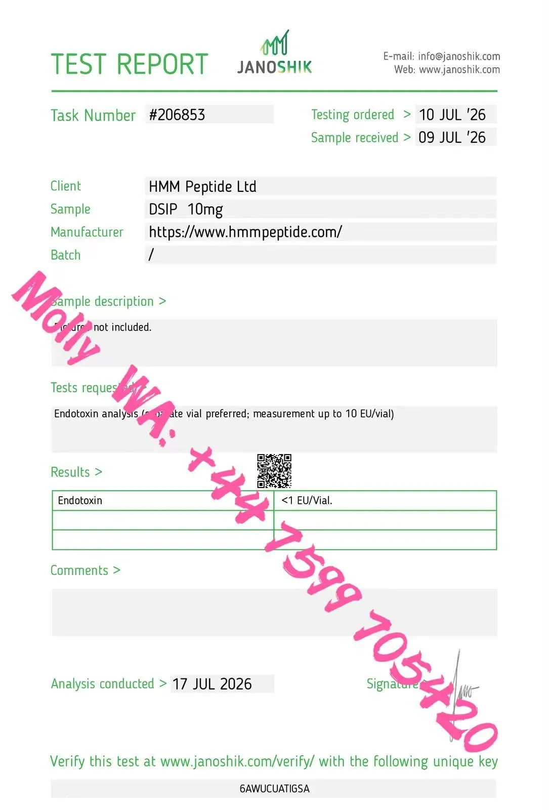 Certificate of analysis for DSIP (Delta Sleep-inducing Peptide) from HMM Peptide, issued by Janoshik Labs — Endotoxins (LAL)