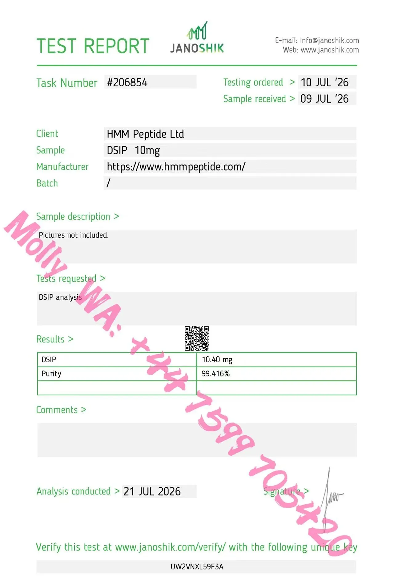 Certificate of analysis for DSIP (Delta Sleep-inducing Peptide) from HMM Peptide, issued by Janoshik Labs — Purity (HPLC)