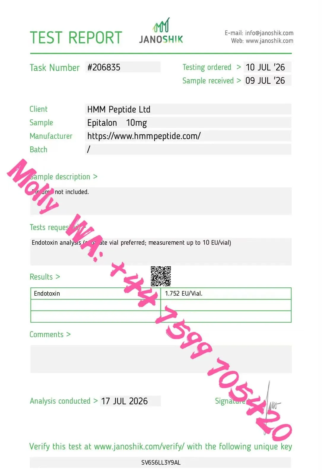Certificate of analysis for EPITHALON from HMM Peptide, issued by Janoshik Labs — Endotoxins (LAL)
