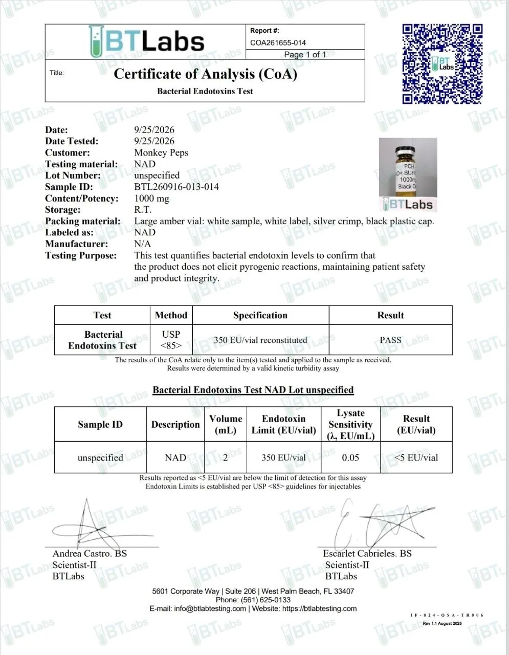 Certificate of analysis for NAD+ from Monkey Peps, issued by BTLabs — Endotoxins (LAL)
