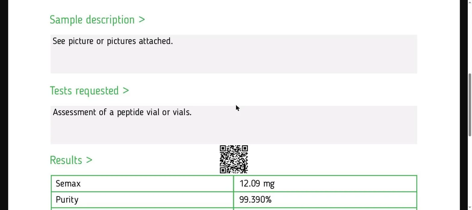 Certificate of analysis for SEMAX from Pryma Lab, issued by Janoshik Labs — Vial photo