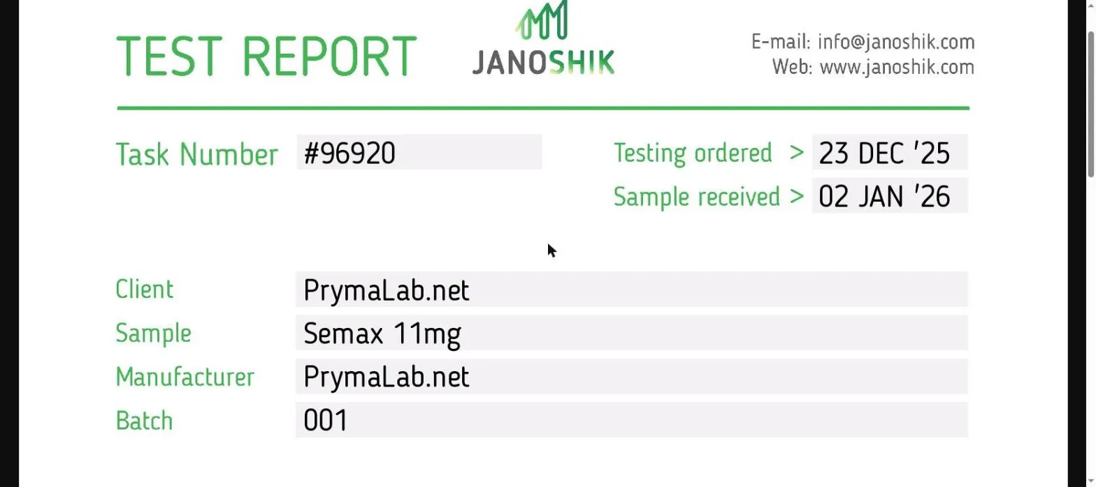 Certificate of analysis for SEMAX from Pryma Lab, issued by Janoshik Labs — Vial photo