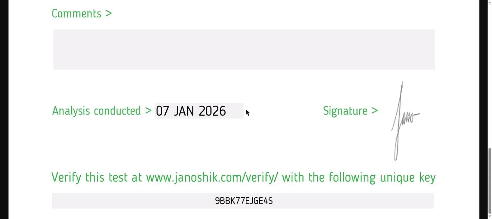 Certificate of analysis for SEMAX from Pryma Lab, issued by Janoshik Labs — Vial photo