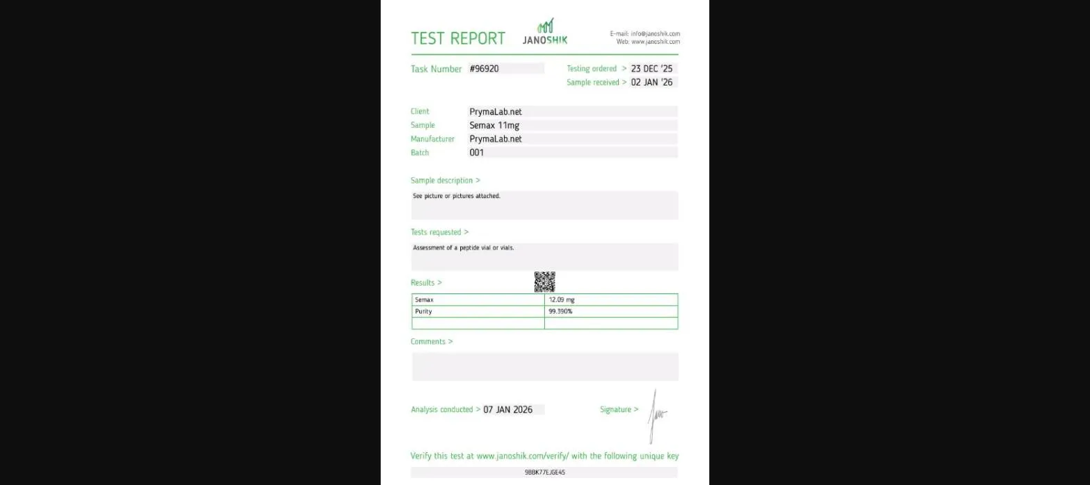 Certificate of analysis for SEMAX from Pryma Lab, issued by Janoshik Labs — Purity (HPLC)